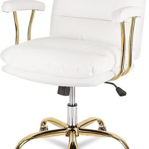 KLASIKA Ergonomic Office Desk Chair for Heavy People with Wheels and Arms, Faux Leather Computer Chair for Home Bedroom Office, White Chair Gold Caster