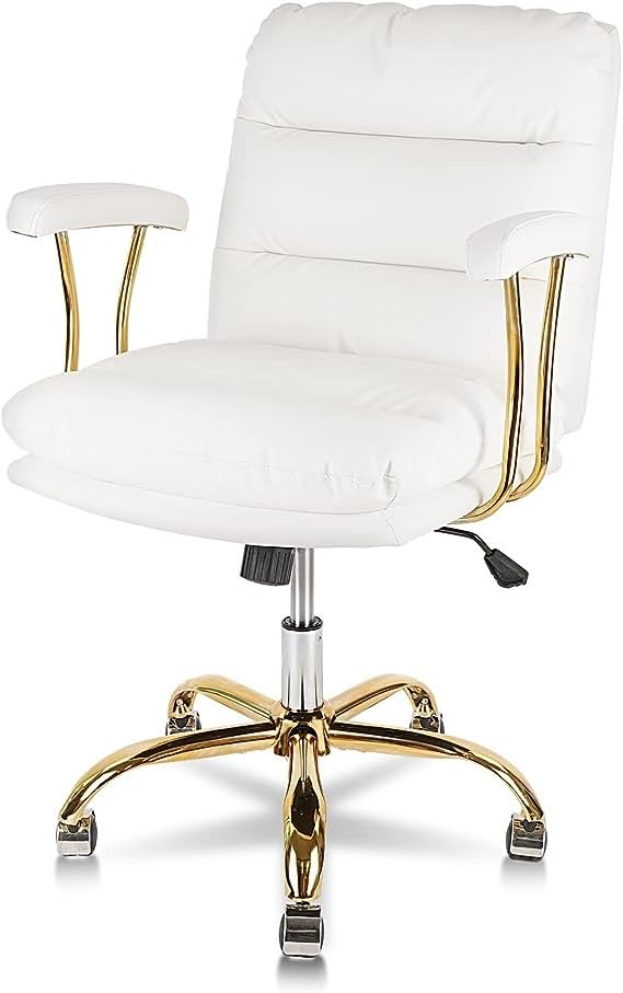 KLASIKA Ergonomic Office Desk Chair for Heavy People with Wheels and Arms, Faux Leather Computer Chair for Home Bedroom Office, White Chair Gold Caster