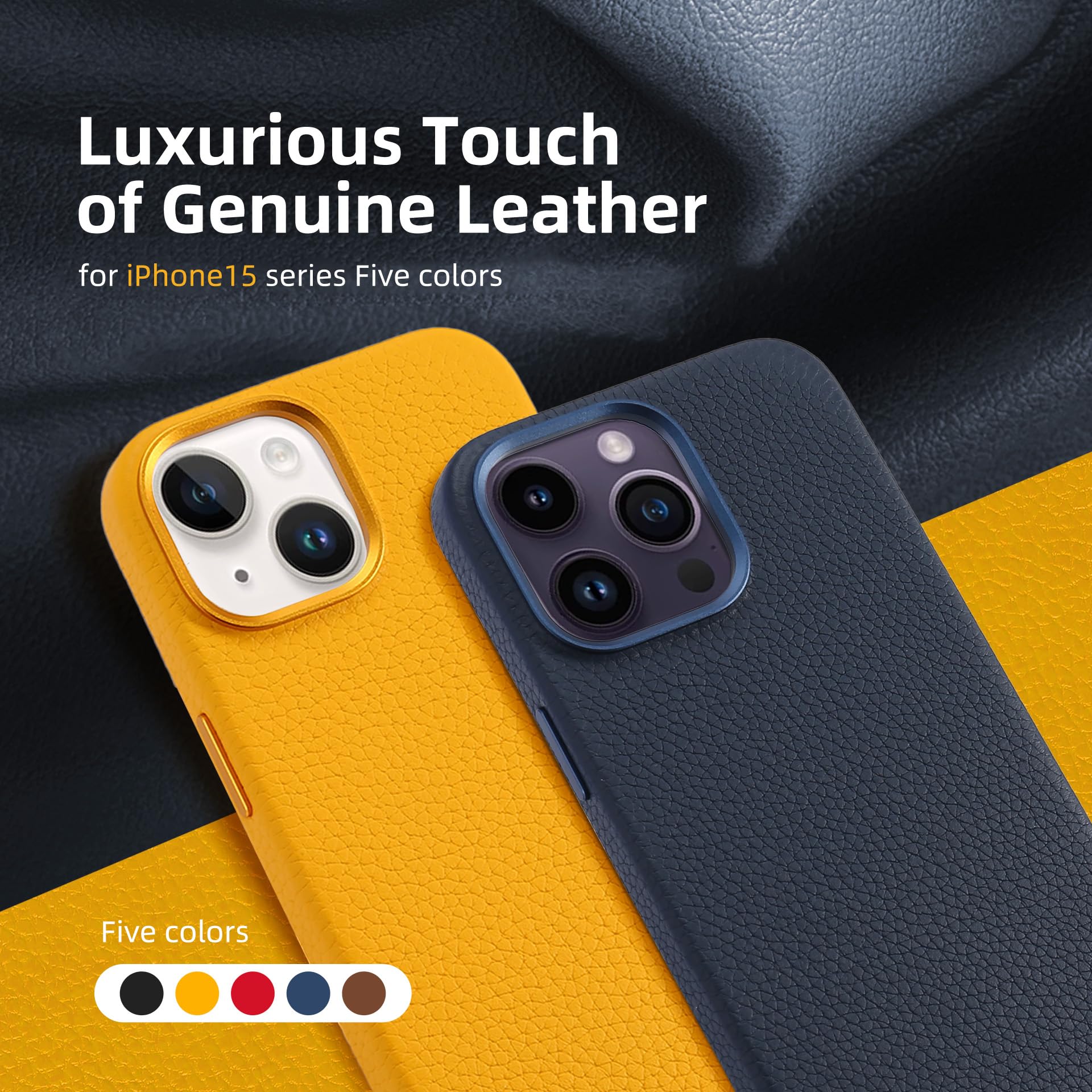 InUnion Genuine Leather Case for iPhone 15 Plus Case (2023) with MagSafe, Top Litchi Grain Leather Magnetic Phone Proctective Case for (iPhone 15 Plus) 6.7 Inch -Yellow