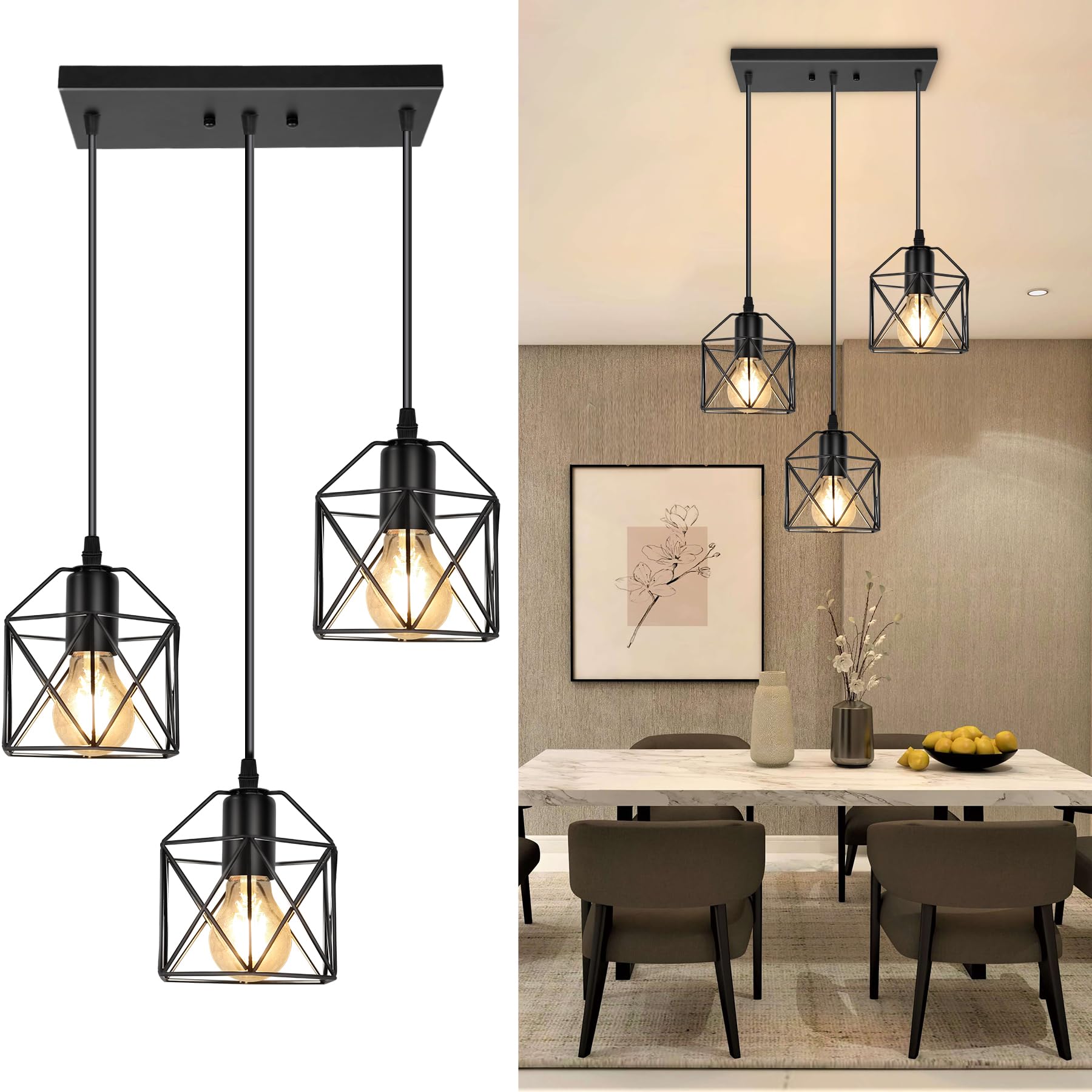 ROCUNSI 3-Light Hanging Pendant Light Fixtures, Farmhouse Kitchen Island Light Fixture, Industrial Hanging Pendant Lighting for Dining Room Bedroom Hallway, Black Metal Cage Pendant Lamp, E26 Base