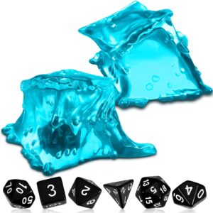 deekin dice jail gelatinous cube dice prison resin dice cage, 7 role playing dice with dice container black polyhedral dice set miniature accessory for gatherings activity party game gift set (blue)