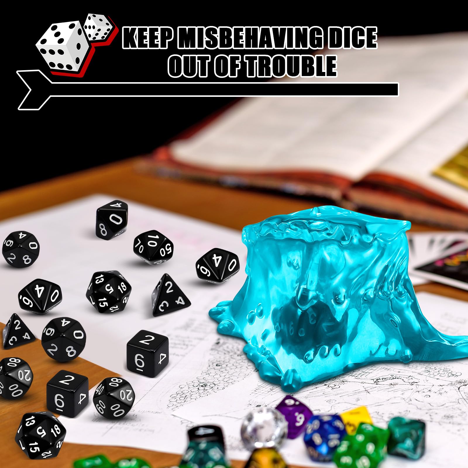 Deekin Dice Jail Gelatinous Cube Dice Prison Resin Dice Cage, 7 Role Playing Dice with Dice Container Black Polyhedral Dice Set Miniature Accessory for Gatherings Activity Party Game Gift Set (Blue)