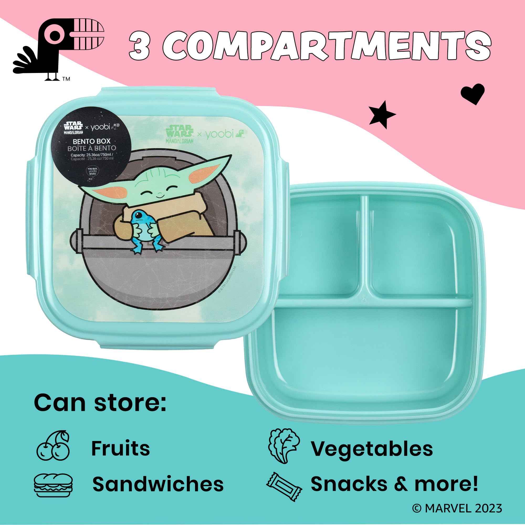 Yoobi Star Wars X Grogu Bento Box and Ice Pack – 3 Compartment Lunch Box, Dishwasher & Microwave Safe Food & Snack Container for Kids & Adults – BPA & PVC Free, Leakproof