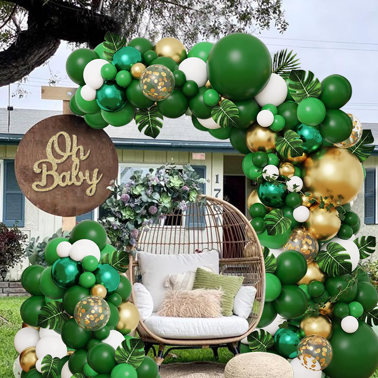 Jungle Party Balloons Garland Arch Kit, Green Gold White Balloons Safari Tropical Dinosaur Birthday Party Decorations for Baby Shower, Bridal Shower, Wedding, Anniversary, Graduations