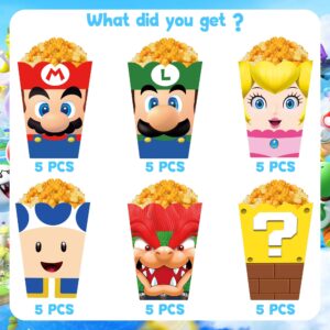 30PCS Mario Birthday Party Supplies, Mario Party Snack Box Decorations, Mario Party Favors for Mario Party Paper Popcorn French Fries Fried Chicken Boxes