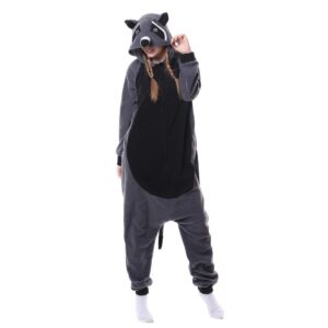 HANZEJINL Adult Animal Onesie, Raccoon Animal Halloween Costume, Unisex Jumpsuit One Piece Pajamas for Women and Men (RaccoonOnesie, S)