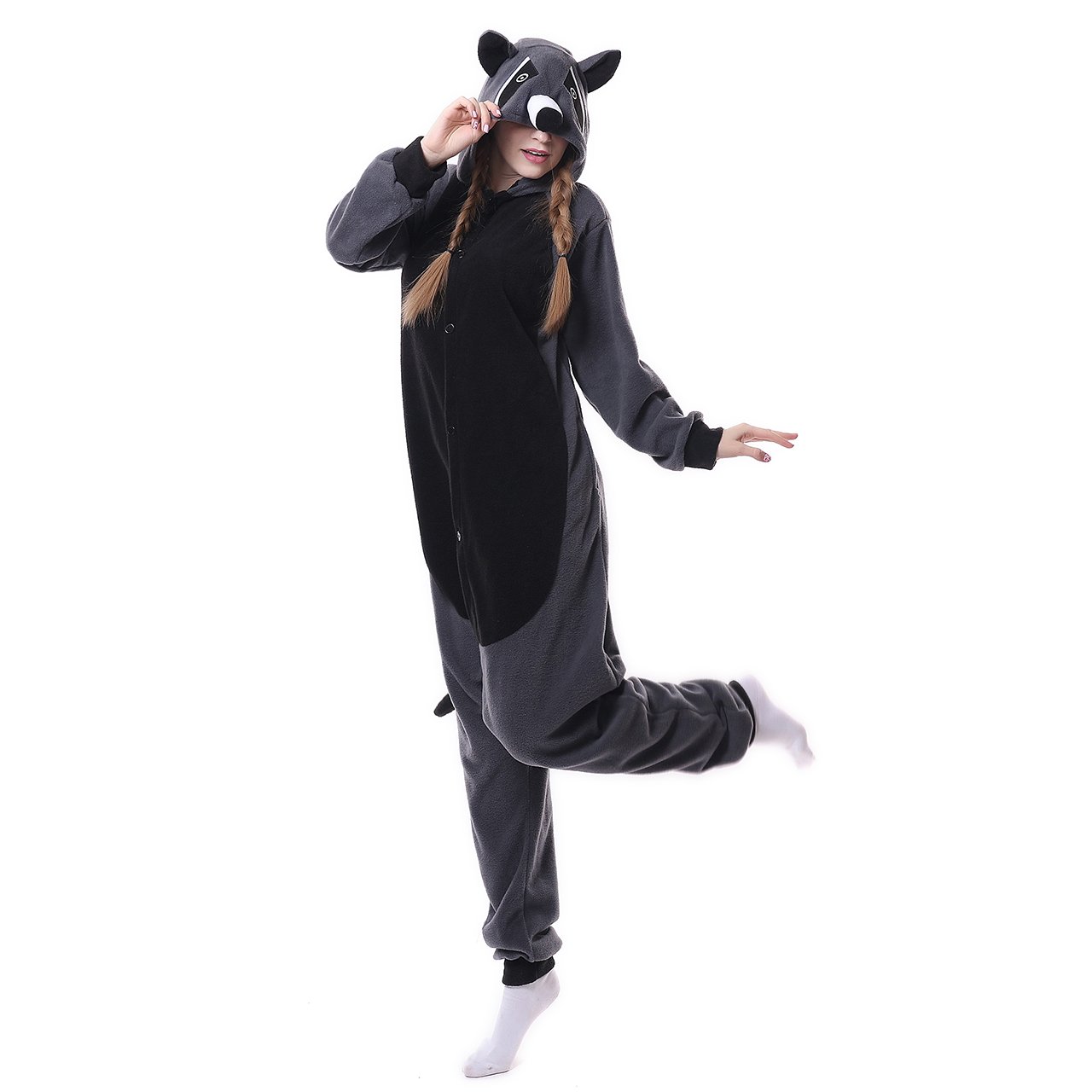 HANZEJINL Adult Animal Onesie, Raccoon Animal Halloween Costume, Unisex Jumpsuit One Piece Pajamas for Women and Men (RaccoonOnesie, S)