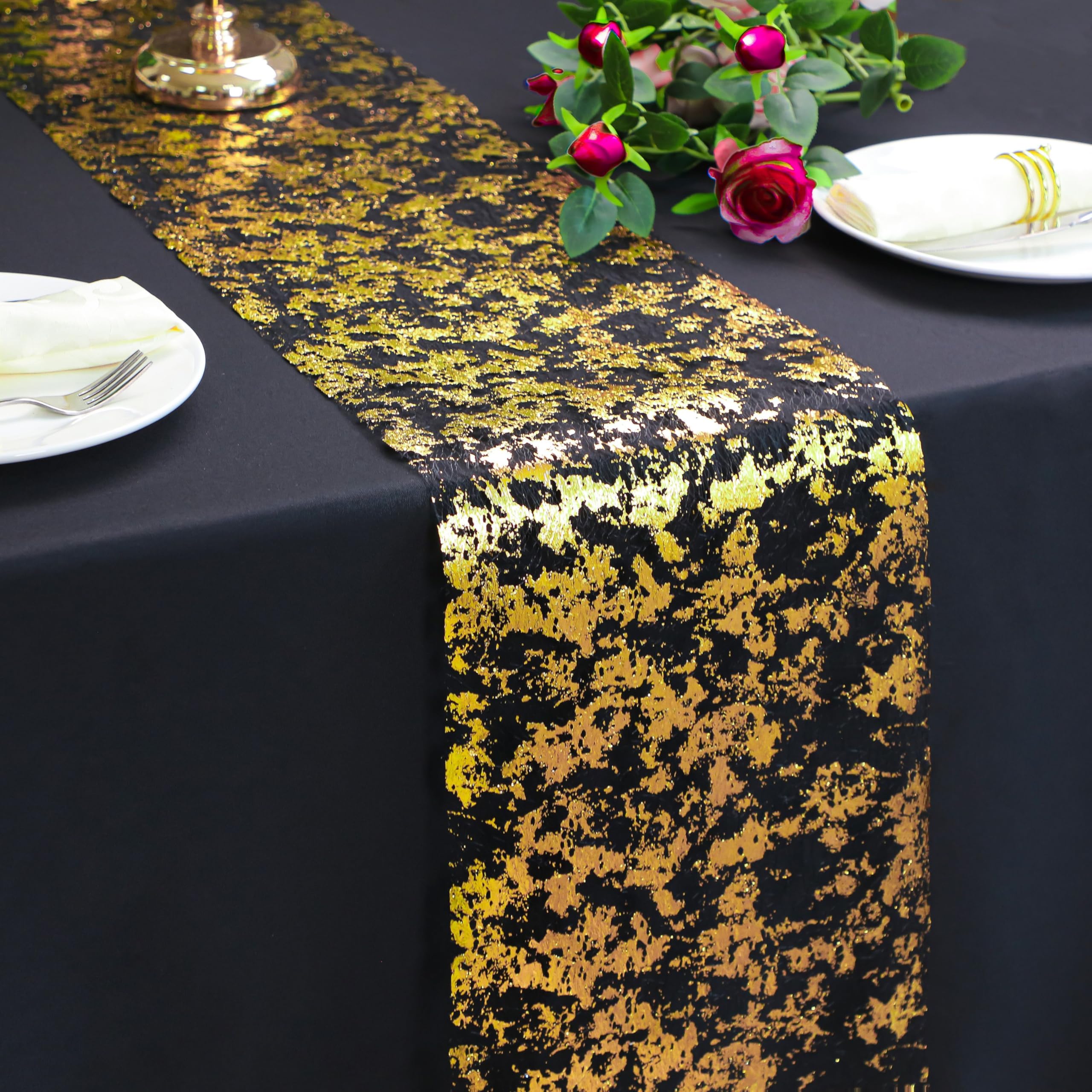 Snowkingdom Black and Gold Table Runner 49 Feet 588 inches Golden Metallic Table Centerpieces Foil Runners Party Decorations Glitter for Wedding Birthday Shower Christmas Thanksgiving Anniversary