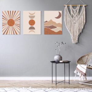 Boho Wall Art Prints, Boho Wall Decor, Mid Century Modern Wall Art Set of 3 Abstract Geometric Prints Beige Terracotta Minimalist Art, Canvas Framed Wall Art for Living Room Bedroom 16"x24"