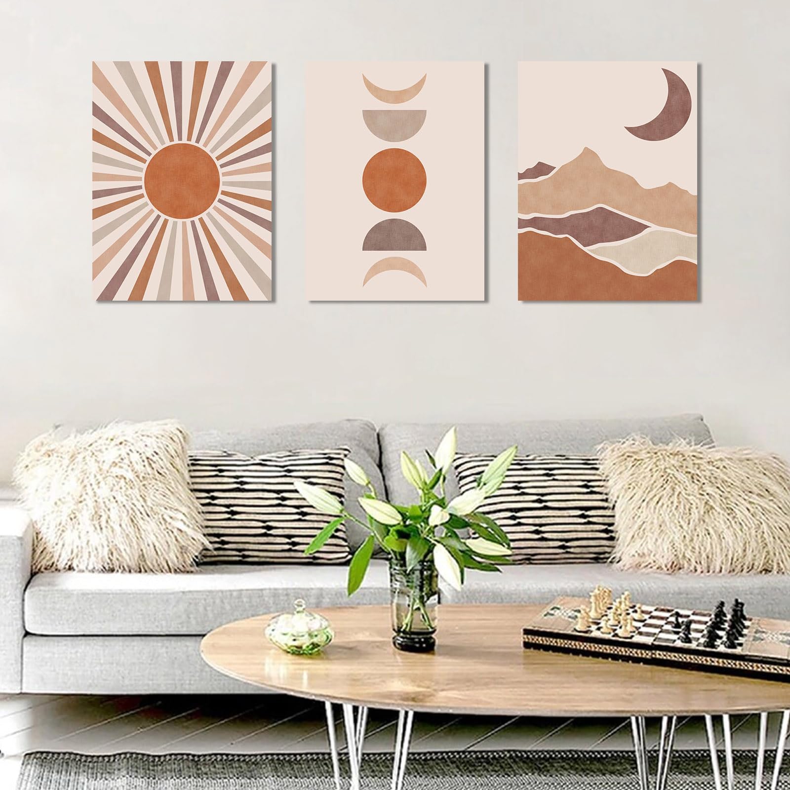 Boho Wall Art Prints, Boho Wall Decor, Mid Century Modern Wall Art Set of 3 Abstract Geometric Prints Beige Terracotta Minimalist Art, Canvas Framed Wall Art for Living Room Bedroom 16"x24"