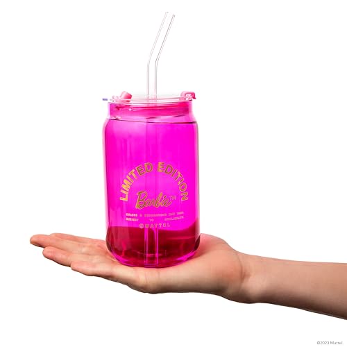 Dragon Glassware x Barbie Drinking Glasses - Pink and Magenta - 16 oz Can Shaped Glass Cups with Lids and Straws Set of 4 - Iced Coffee Cups with Lids - Glass Tumbler with Straw and Lid