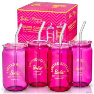 dragon glassware x barbie drinking glasses - pink and magenta - 16 oz can shaped glass cups with lids and straws set of 4 - iced coffee cups with lids - glass tumbler with straw and lid
