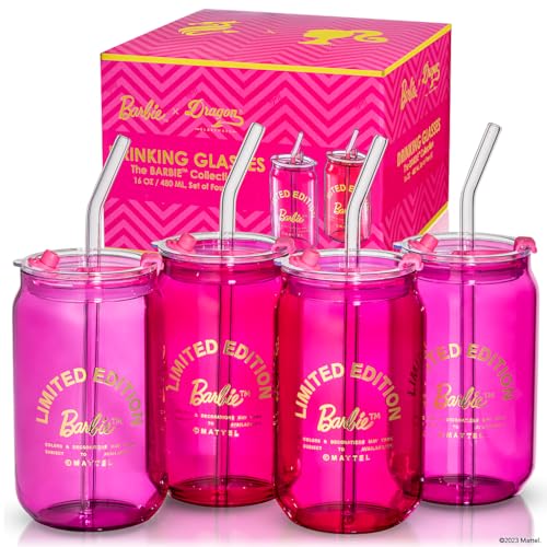 Dragon Glassware x Barbie Drinking Glasses - Pink and Magenta - 16 oz Can Shaped Glass Cups with Lids and Straws Set of 4 - Iced Coffee Cups with Lids - Glass Tumbler with Straw and Lid