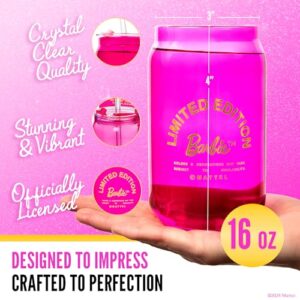 Dragon Glassware x Barbie Drinking Glasses - Pink and Magenta - 16 oz Can Shaped Glass Cups with Lids and Straws Set of 4 - Iced Coffee Cups with Lids - Glass Tumbler with Straw and Lid