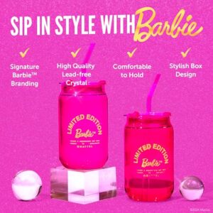 Dragon Glassware x Barbie Drinking Glasses - Pink and Magenta - 16 oz Can Shaped Glass Cups with Lids and Straws Set of 4 - Iced Coffee Cups with Lids - Glass Tumbler with Straw and Lid