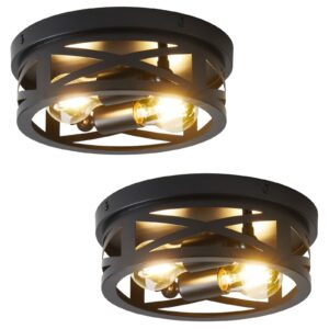 2-light black flush mount ceiling light fixtures, industrial farmhouse ceiling light fixture, light fixtures ceiling mount, vintage closed to ceiling mount lamp for hallway kitchen bedroom 2 pack