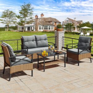 yitahome 4-piece patio furniture wicker outdoor bistro set, all-weather rattan conversation loveseat chairs for backyard, balcony and deck with soft cushions and metal table (light brown+gray)