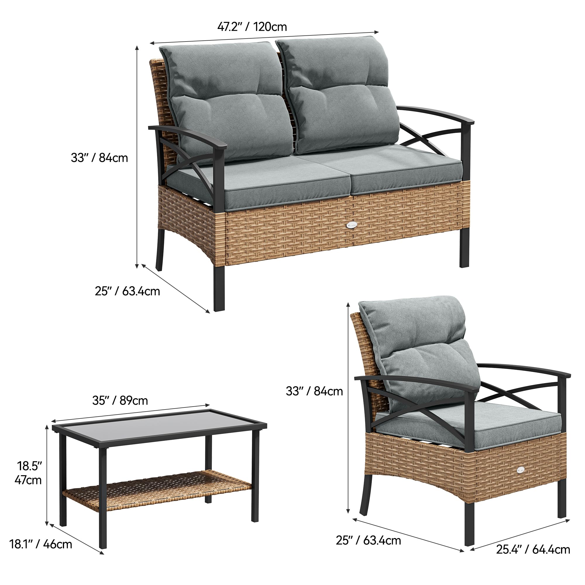 YITAHOME 4-Piece Patio Furniture Wicker Outdoor Bistro Set, All-Weather Rattan Conversation Loveseat Chairs for Backyard, Balcony and Deck with Soft Cushions and Metal Table (Light Brown+Gray)