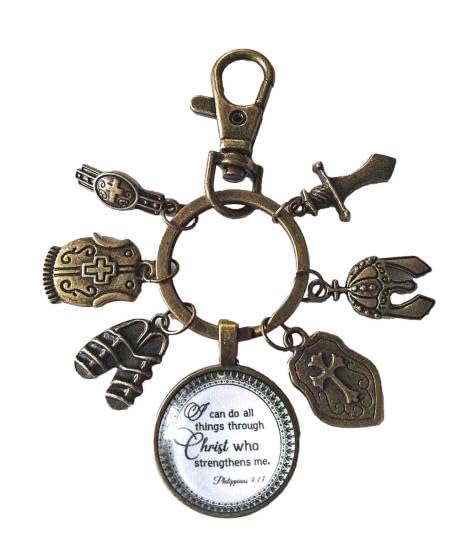 Unisex Christian Keychain, purse charm, zipper pull with I can do all things through Christ and Armor of God Tibetan Bronze Charms