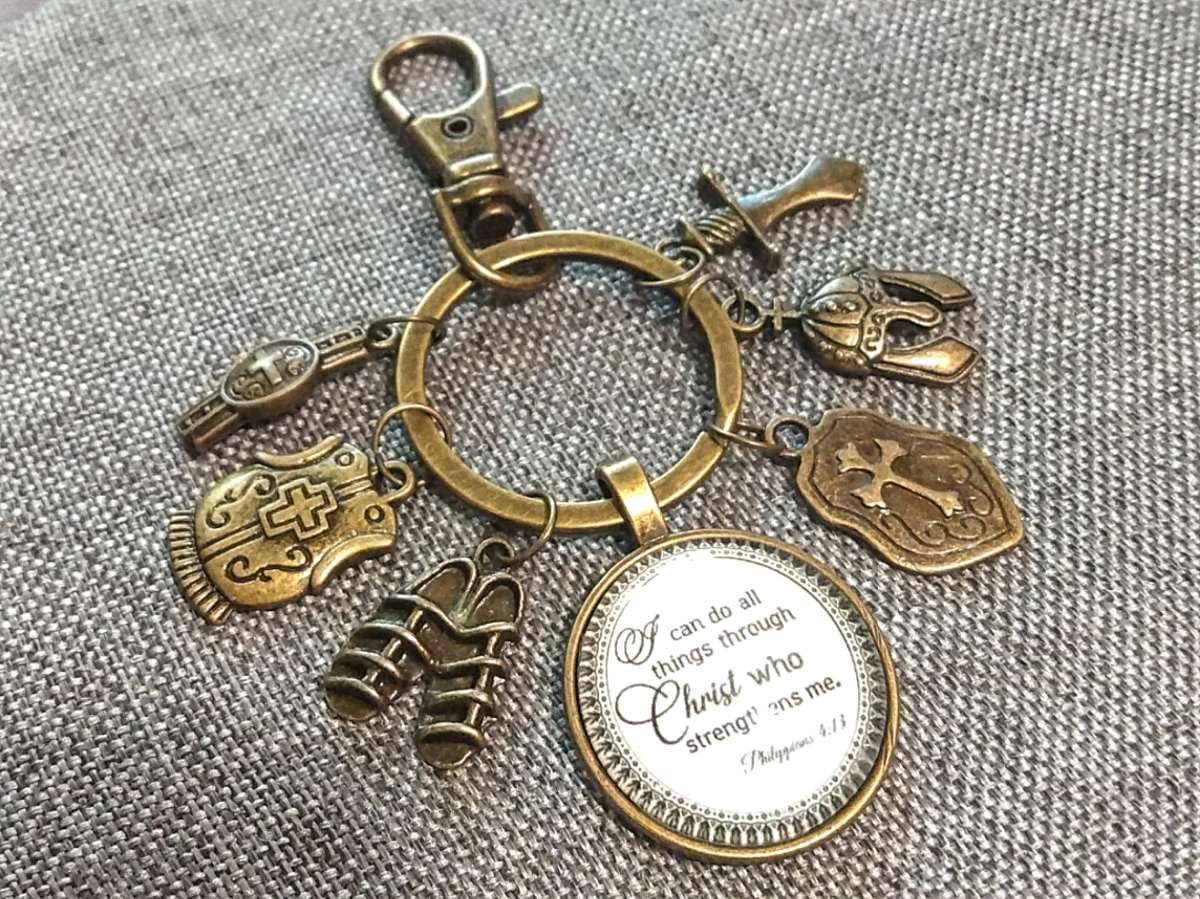 Unisex Christian Keychain, purse charm, zipper pull with I can do all things through Christ and Armor of God Tibetan Bronze Charms