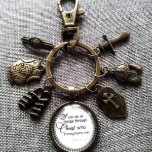 Unisex Christian Keychain, purse charm, zipper pull with I can do all things through Christ and Armor of God Tibetan Bronze Charms