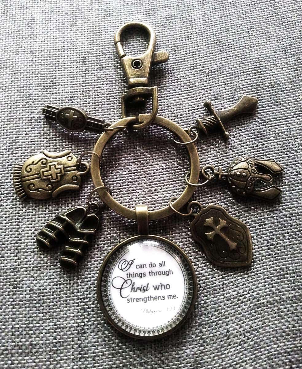 Unisex Christian Keychain, purse charm, zipper pull with I can do all things through Christ and Armor of God Tibetan Bronze Charms