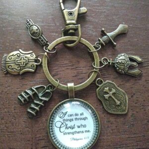 Unisex Christian Keychain, purse charm, zipper pull with I can do all things through Christ and Armor of God Tibetan Bronze Charms