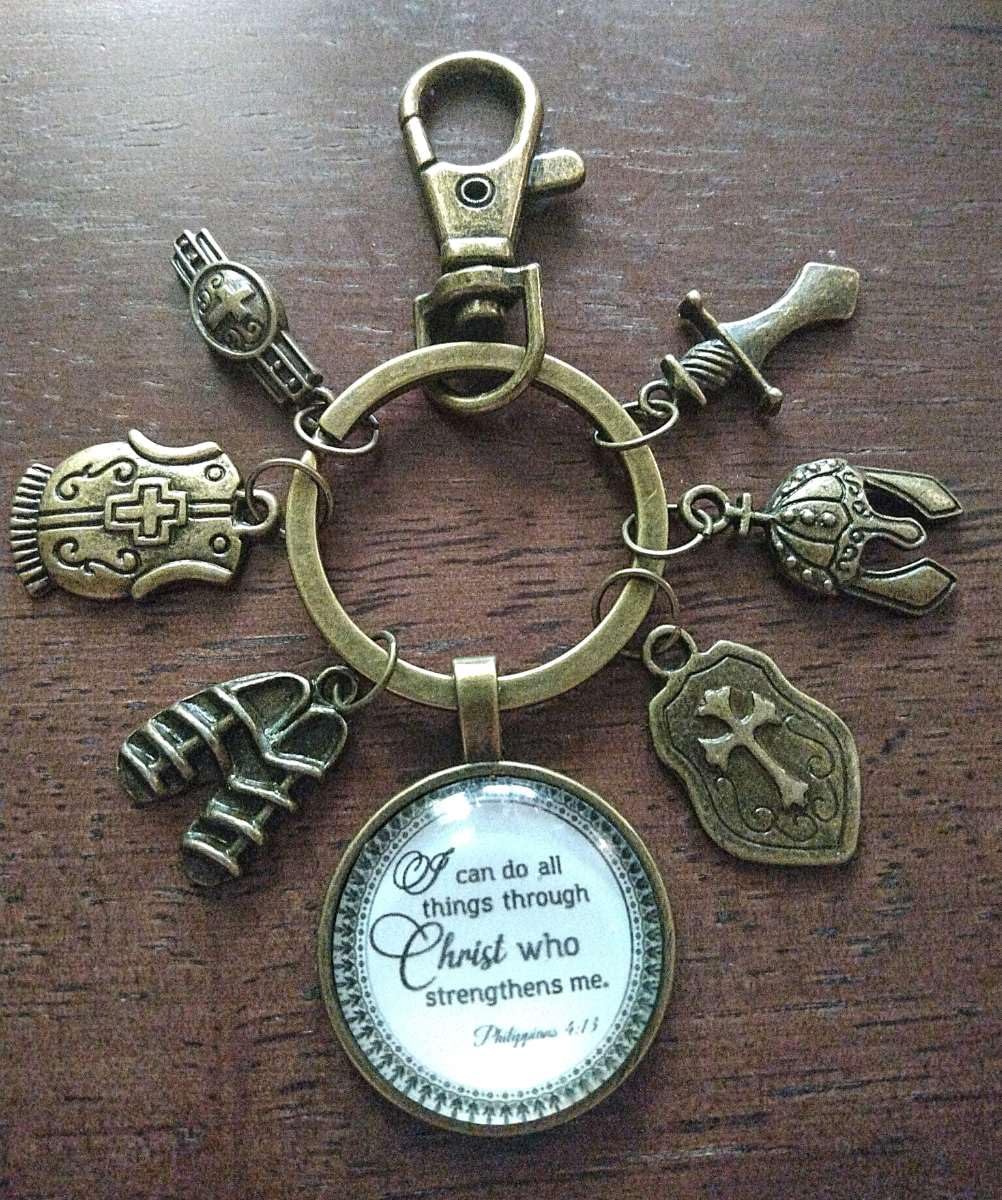 Unisex Christian Keychain, purse charm, zipper pull with I can do all things through Christ and Armor of God Tibetan Bronze Charms