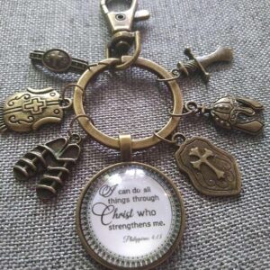 Unisex Christian Keychain, purse charm, zipper pull with I can do all things through Christ and Armor of God Tibetan Bronze Charms