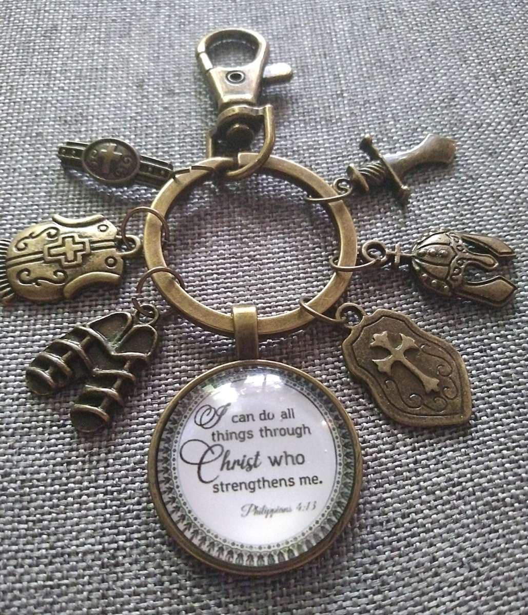 Unisex Christian Keychain, purse charm, zipper pull with I can do all things through Christ and Armor of God Tibetan Bronze Charms