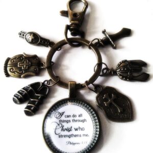 Unisex Christian Keychain, purse charm, zipper pull with I can do all things through Christ and Armor of God Tibetan Bronze Charms