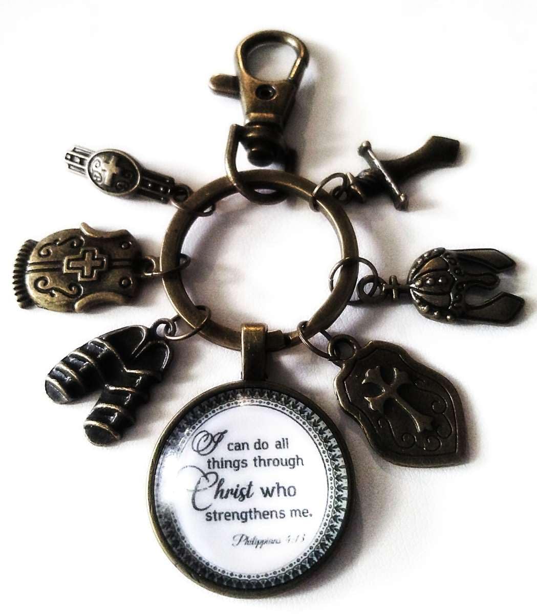 Unisex Christian Keychain, purse charm, zipper pull with I can do all things through Christ and Armor of God Tibetan Bronze Charms