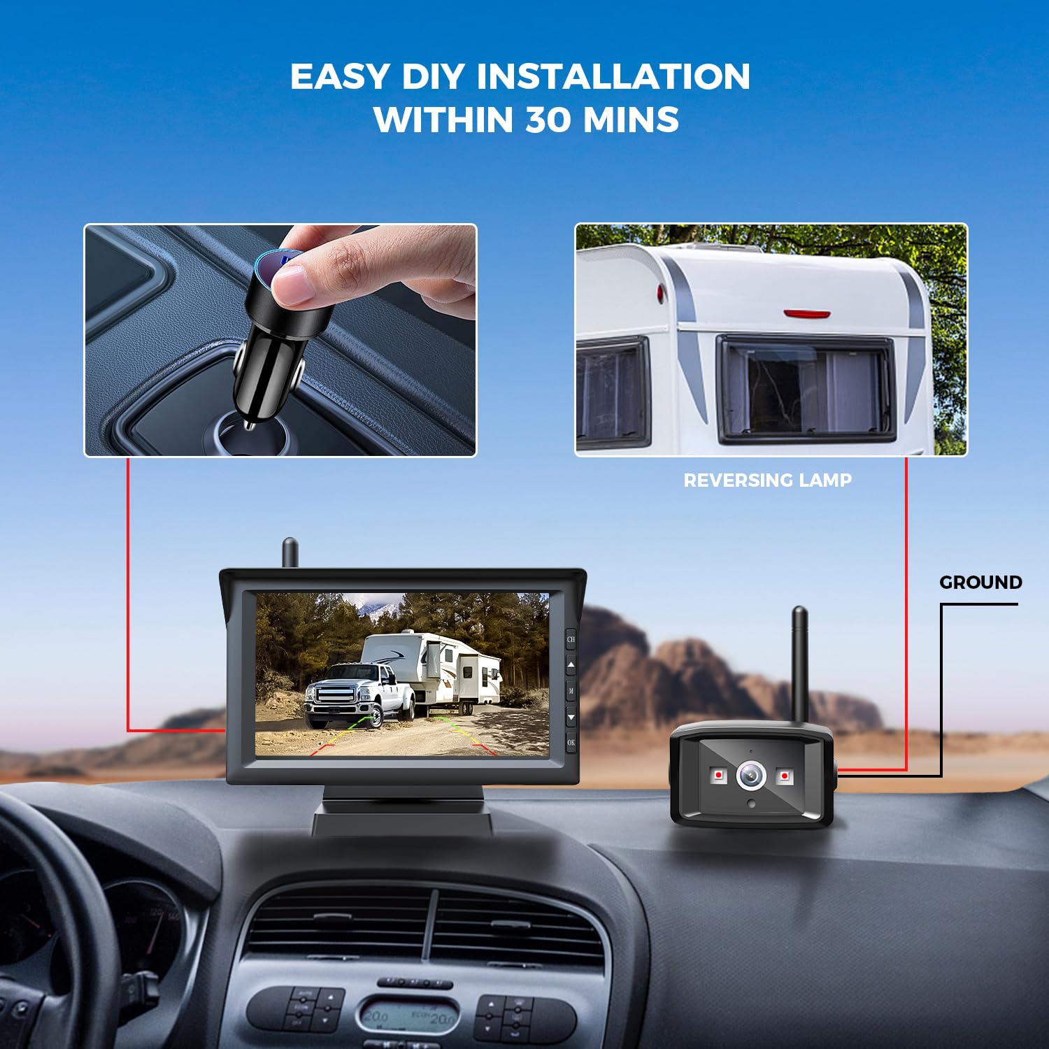 AUTO-VOX RV Backup Camera Wireless with 7" HD Split Screen Monitor, Infrared Night Vision Camera System high-Speed Observation, Hitch Trailer Backup Camera of Trailer Fifth Wheels RV Camper Truck