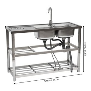 Commercial Kitchen Sink Catering Sink Commercial Stainless Steel Kitchen 2 Bowl Drainer Commercial Kitchen Prep & Free Standing Utility Sink for Garage, Restaurant, Kitchen