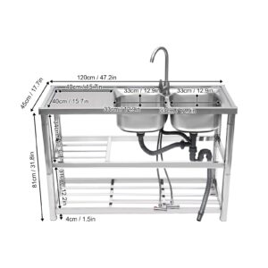 Commercial Kitchen Sink Catering Sink Commercial Stainless Steel Kitchen 2 Bowl Drainer Commercial Kitchen Prep & Free Standing Utility Sink for Garage, Restaurant, Kitchen