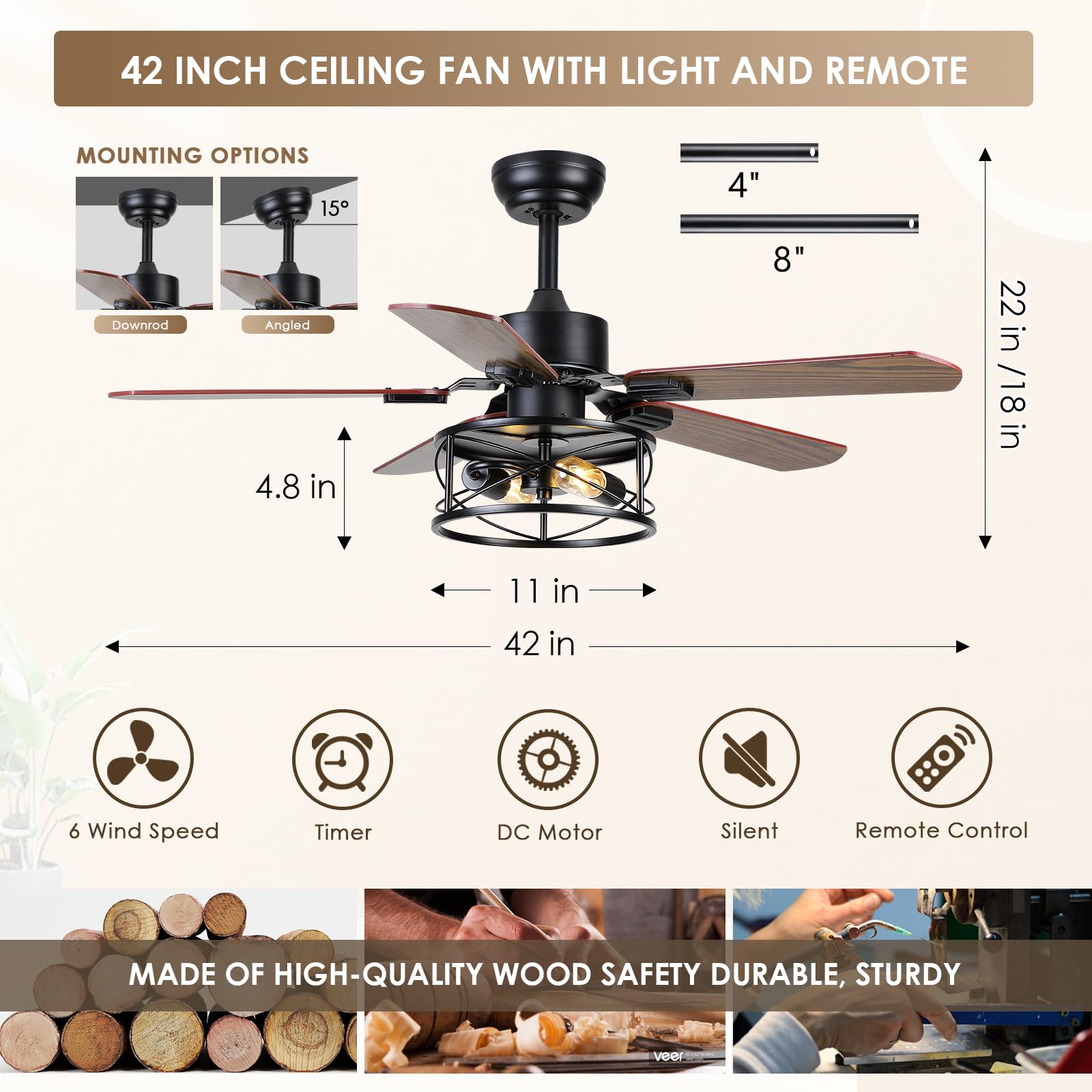 Dannilong Farmhouse Ceiling Fan with Light and Remote 42" Rustic Flush Mount Ceiling Fans 5 Dual Finish Blades Carnegie Industrial Fandelier for Living room Bedroom Patio E26