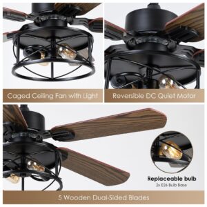 Dannilong Farmhouse Ceiling Fan with Light and Remote 42" Rustic Flush Mount Ceiling Fans 5 Dual Finish Blades Carnegie Industrial Fandelier for Living room Bedroom Patio E26