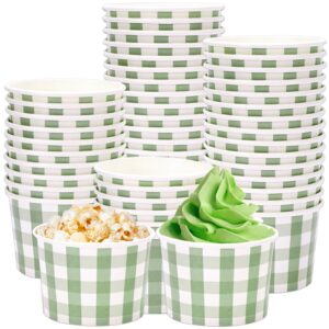 Whaline 50Pcs Disposable Paper Cups Sage Green Plaid Treat Snack Bowls 6.5oz Paper Cups Ice Cream Bowl for Wedding Birthday Bride Shower Party Supplies Table Decorations