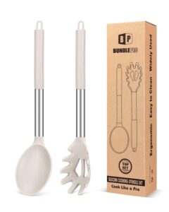 silicone pasta fork and cooking spoon set, non stick kitchen utensils for cooking,stirring,serving spaghetti, soup, sauce (khaki)