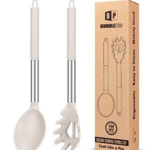 Silicone Pasta Fork and Cooking Spoon Set, Non Stick Kitchen Utensils for Cooking,Stirring,Serving Spaghetti, Soup, Sauce (KHAKI)