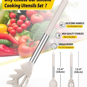 Silicone Pasta Fork and Cooking Spoon Set, Non Stick Kitchen Utensils for Cooking,Stirring,Serving Spaghetti, Soup, Sauce (KHAKI)