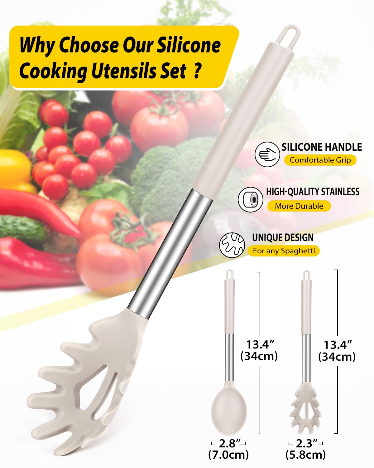 Silicone Pasta Fork and Cooking Spoon Set, Non Stick Kitchen Utensils for Cooking,Stirring,Serving Spaghetti, Soup, Sauce (KHAKI)