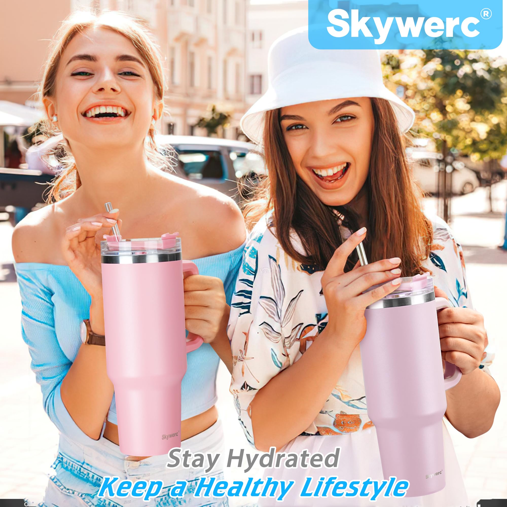 Skywerc 40 oz Tumbler With Handle and Straw Lid | Double Wall Vacuum Insulated Travel Mug | Stainless Steel Water Bottle Cup | Keeps Drinks Cold up to 34 Hours | Cupholder Friendly | Lavender