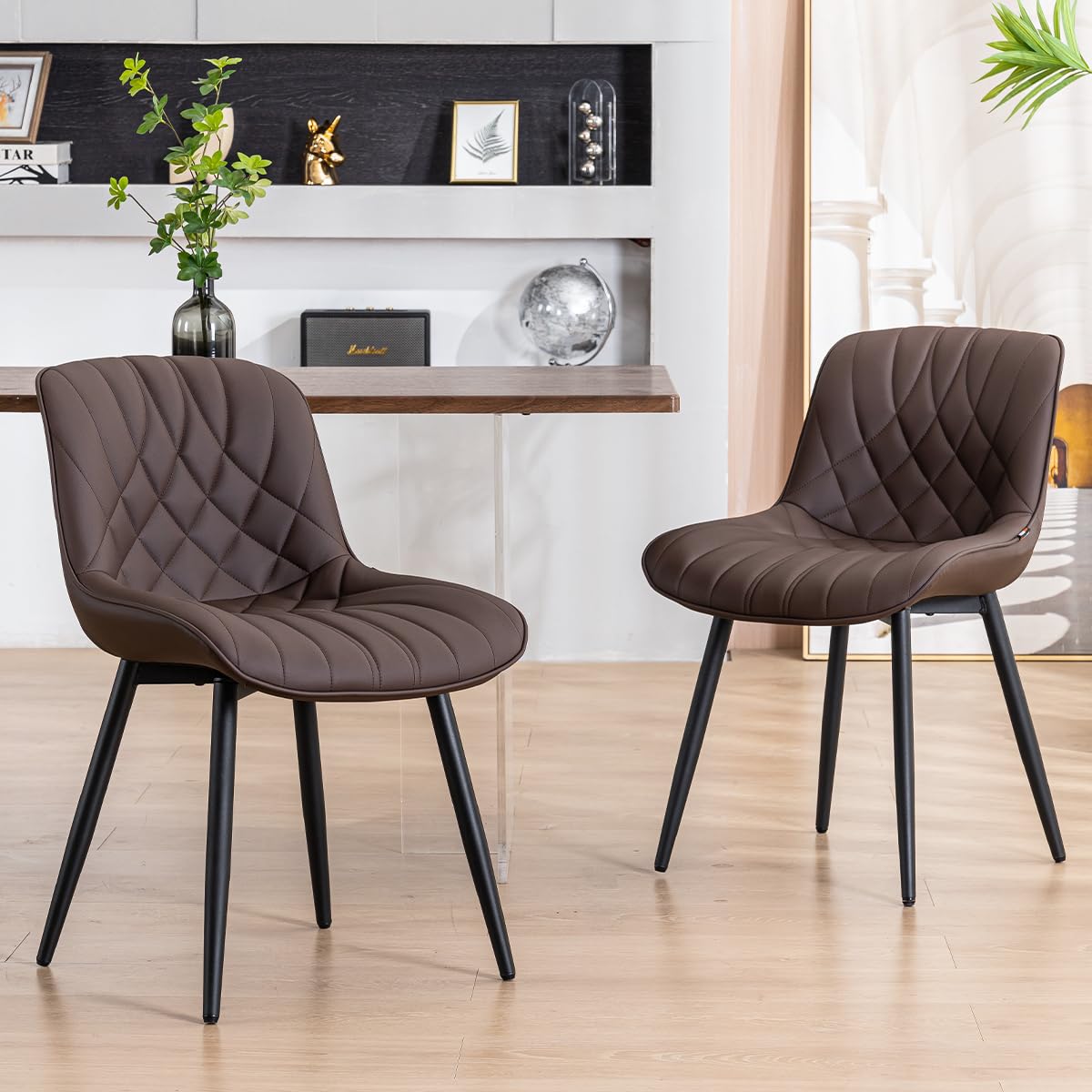 YOUNUOKE Dining Chairs Set of 2 Mid Century Modern Kitchen Chair Comfortable Upholstered Faux Leather Dinner Chairs for Kitchen Dining Room, Brown