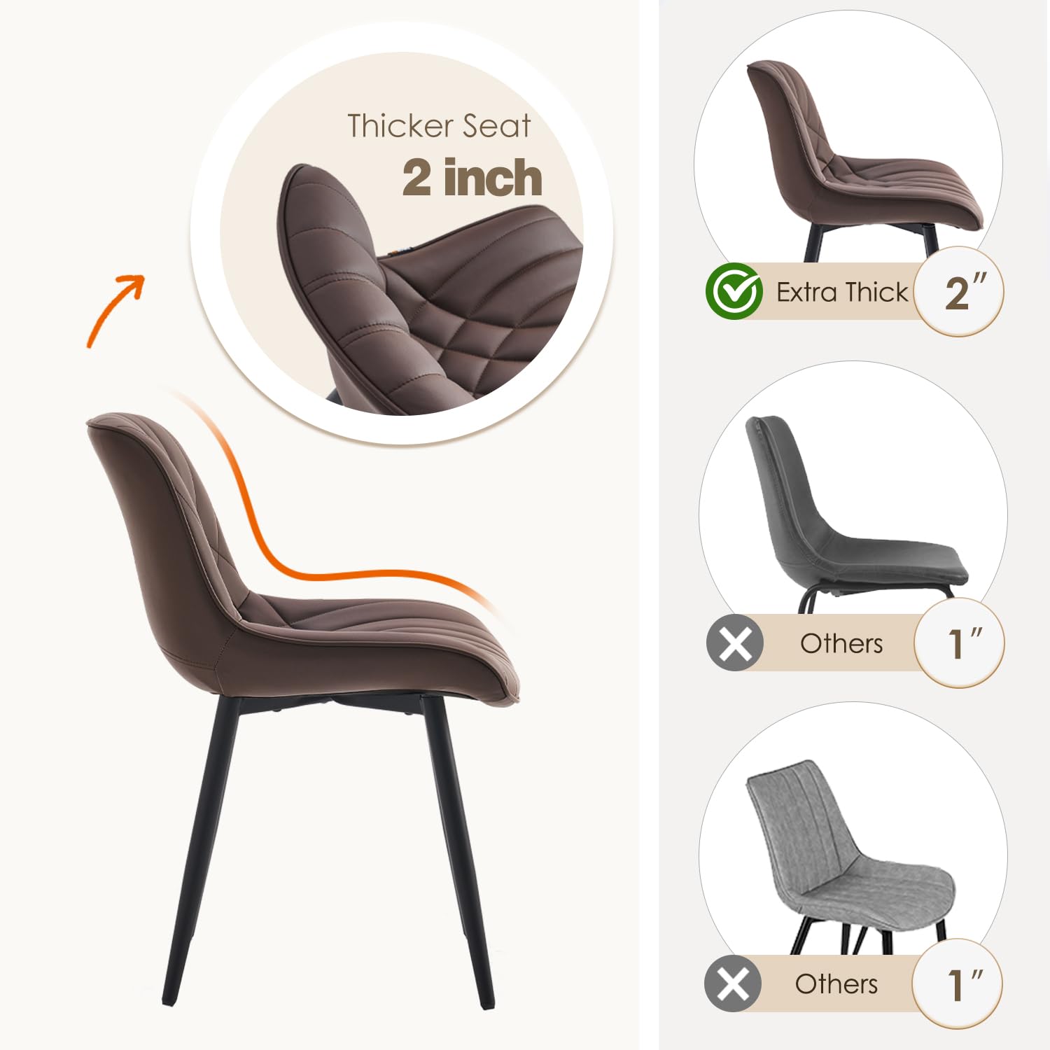 YOUNUOKE Dining Chairs Set of 2 Mid Century Modern Kitchen Chair Comfortable Upholstered Faux Leather Dinner Chairs for Kitchen Dining Room, Brown