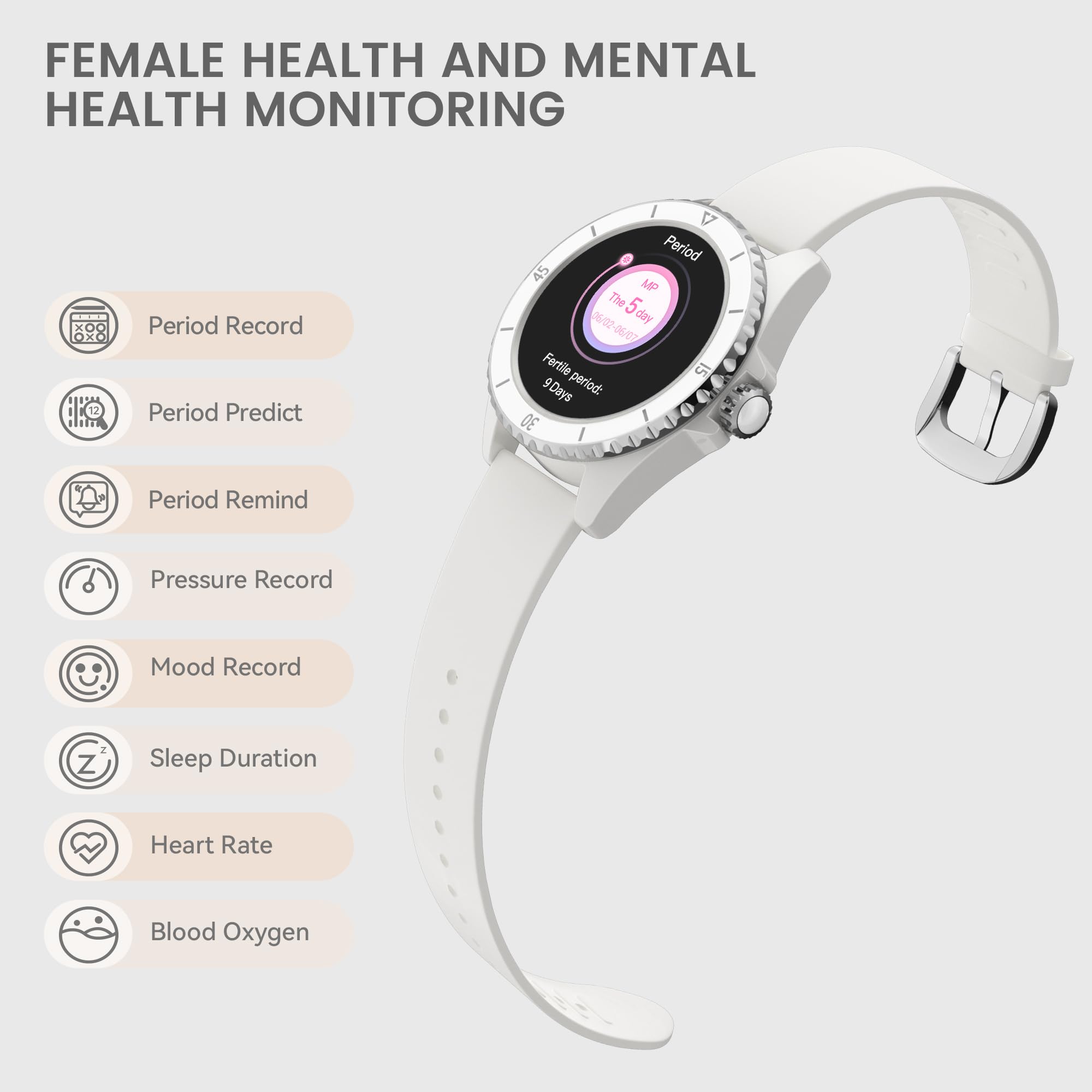 KAVVO Oyster Mini 38mm Bluetooth Smartwatch for Women, 1.1'' Delicate AMOLED Always-On Display, Rotating Bezel, Fitness Tracker with Female Health, Heart Rate Blood Oxygen Monitor(Ceramic White)