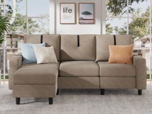 tornama 80" l shaped sectional sofas, 3 seater couch with reversible ottoman and side storage pocket, modern linen fabric small sectional couch for living room, apartment, small space, beige