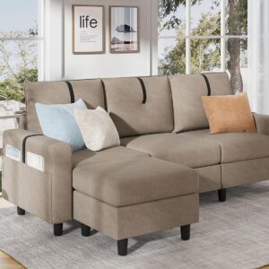 Tornama 80" L Shaped Sectional Sofas, 3 Seater Couch with Reversible Ottoman and Side Storage Pocket, Modern Linen Fabric Small Sectional Couch for Living Room, Apartment, Small Space, Beige