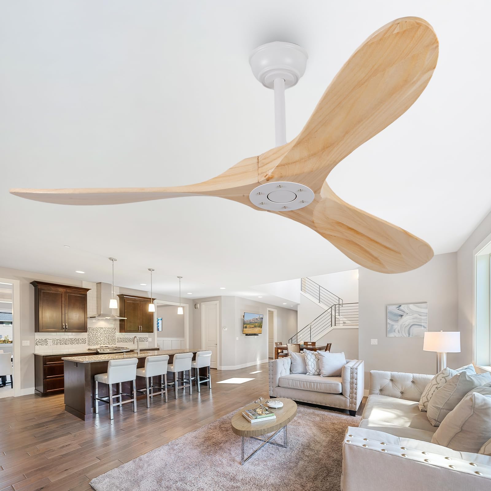 Ceversa 52 Inch Solid Wood Ceiling Fan No Light Remote Control,Outdoor Curved Real Wood Ceiling Fan Without Light 3 Blades Natural Wood Craftmade Quiet for Patio Farmhouse Living Room Bedroom Office