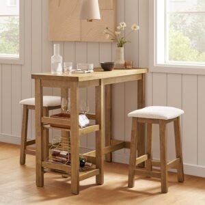 mopio kelly solid wood counter table set with 2 boucle stools, 3-piece dining table set for 2, small kitchen island table with storage shelves, for living room, dining room, kitchen